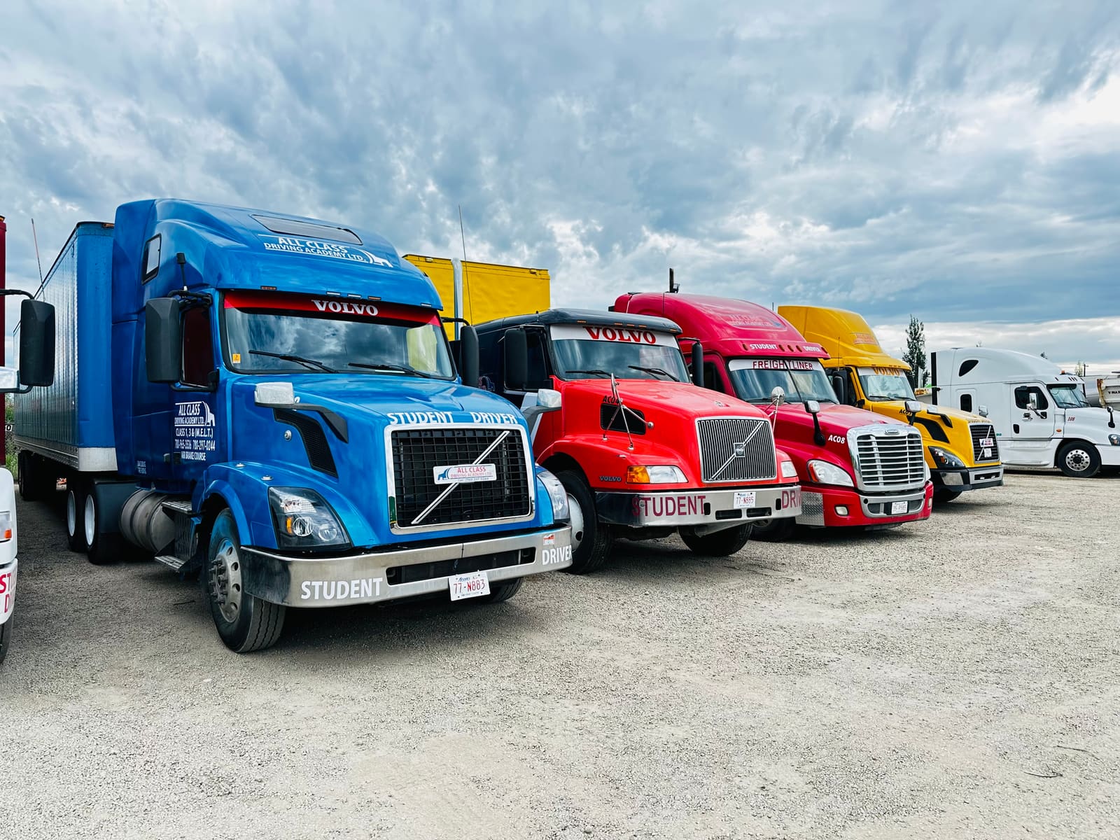 All Class Driving Academy training fleet lined up under a cloudy sky